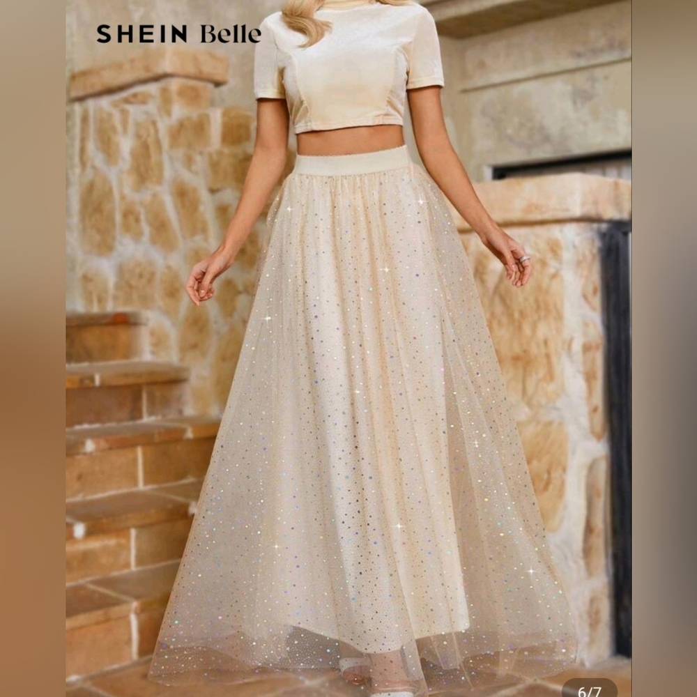 SHEIN Belle 2 Piece Beige Cropped Top With Mesh Overlay Long Skirt
